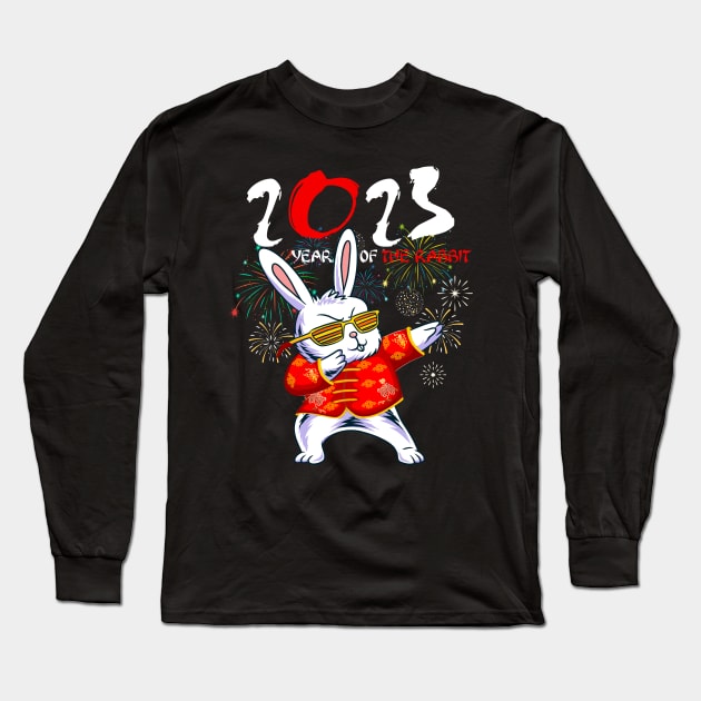 Dabbing Bunny Chinese New Year 2023 Year Of the Rabbit Long Sleeve T-Shirt by Jhon Towel